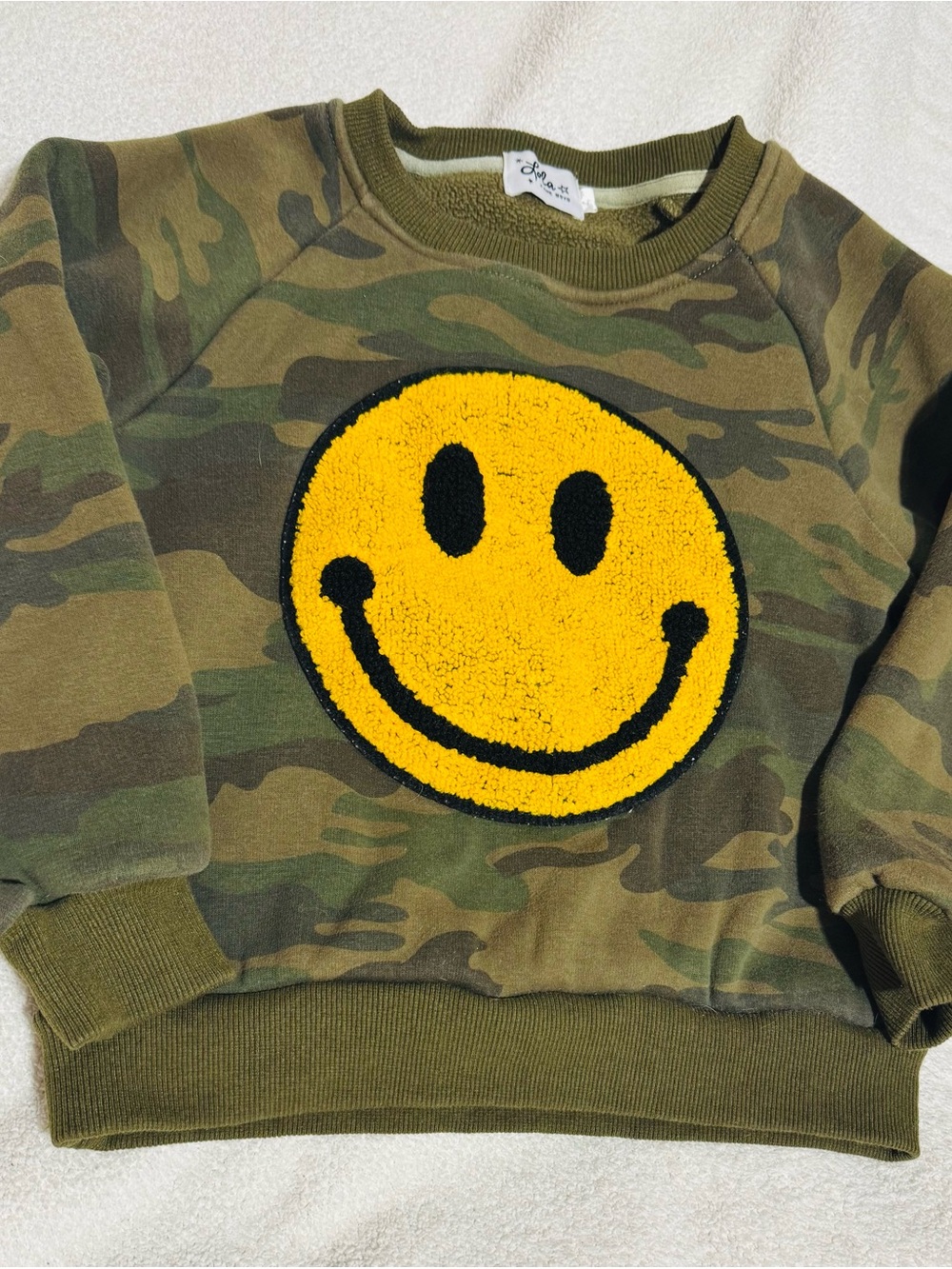 Lola + The Boys Camo Green Sweatshirt with Yellow Smiley Patch